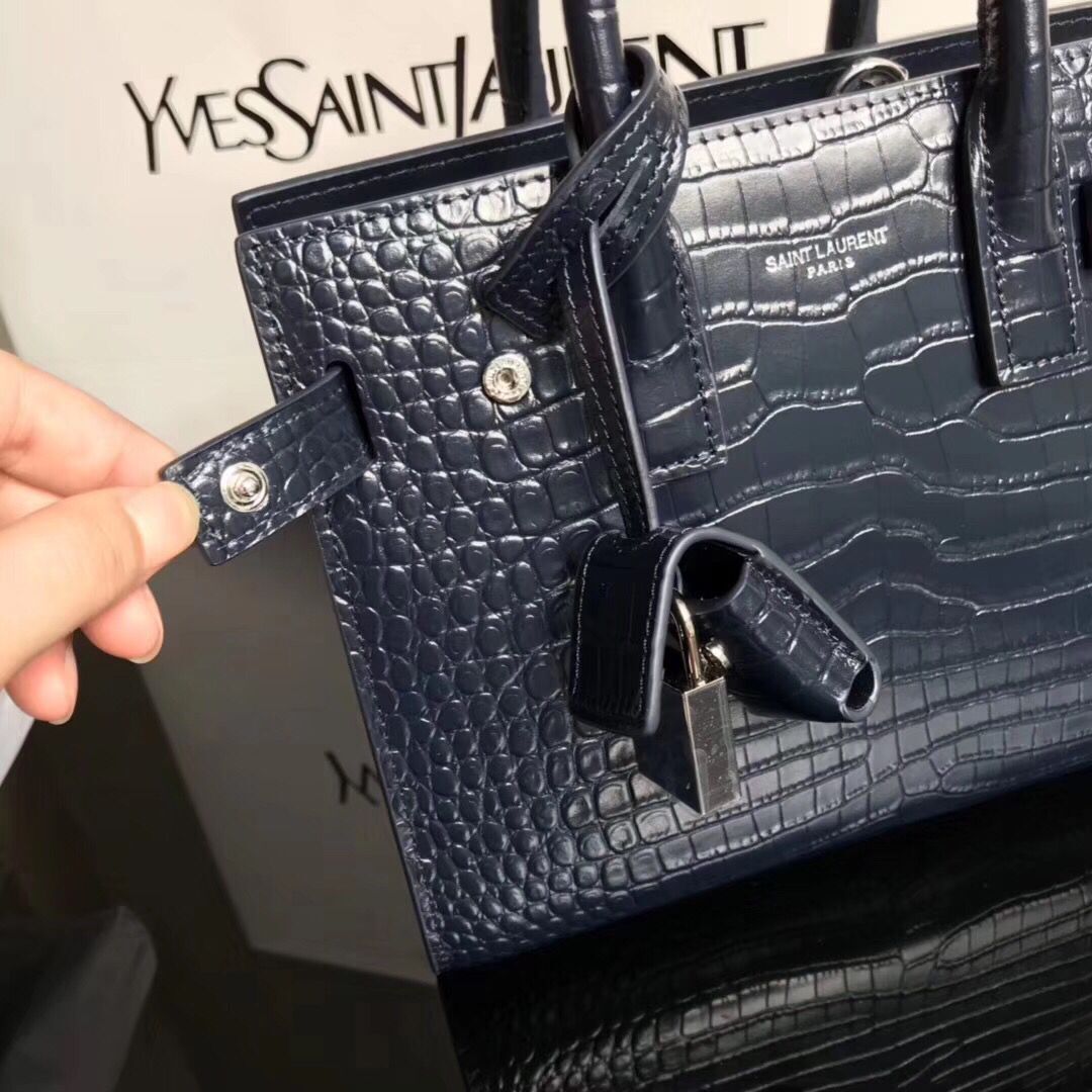 SAINT LAURENT Crocodile-Embossed Leather Organ Bag 392035 Dark Blue