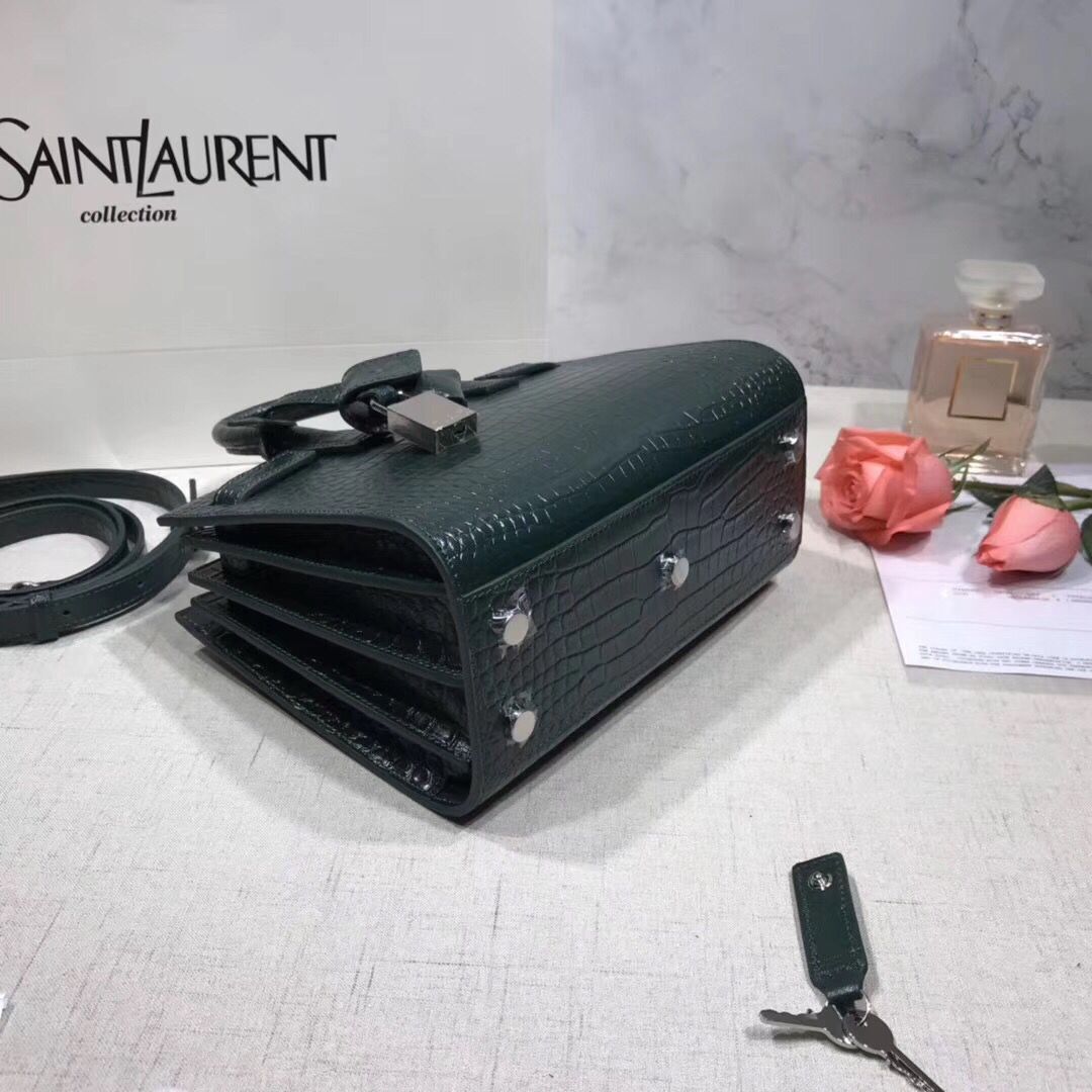 SAINT LAURENT Crocodile-Embossed Leather Organ Bag 392035 Dark Green