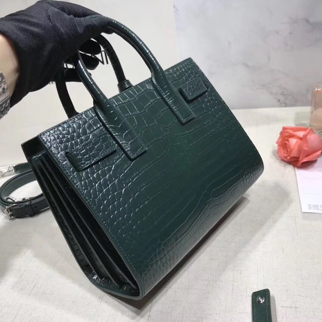 SAINT LAURENT Crocodile-Embossed Leather Organ Bag 392035 Dark Green