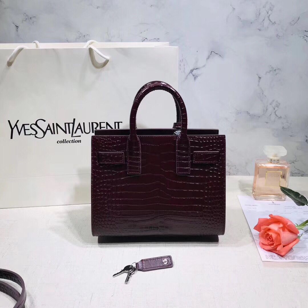 SAINT LAURENT Crocodile-Embossed Leather Organ Bag 392035 Wine