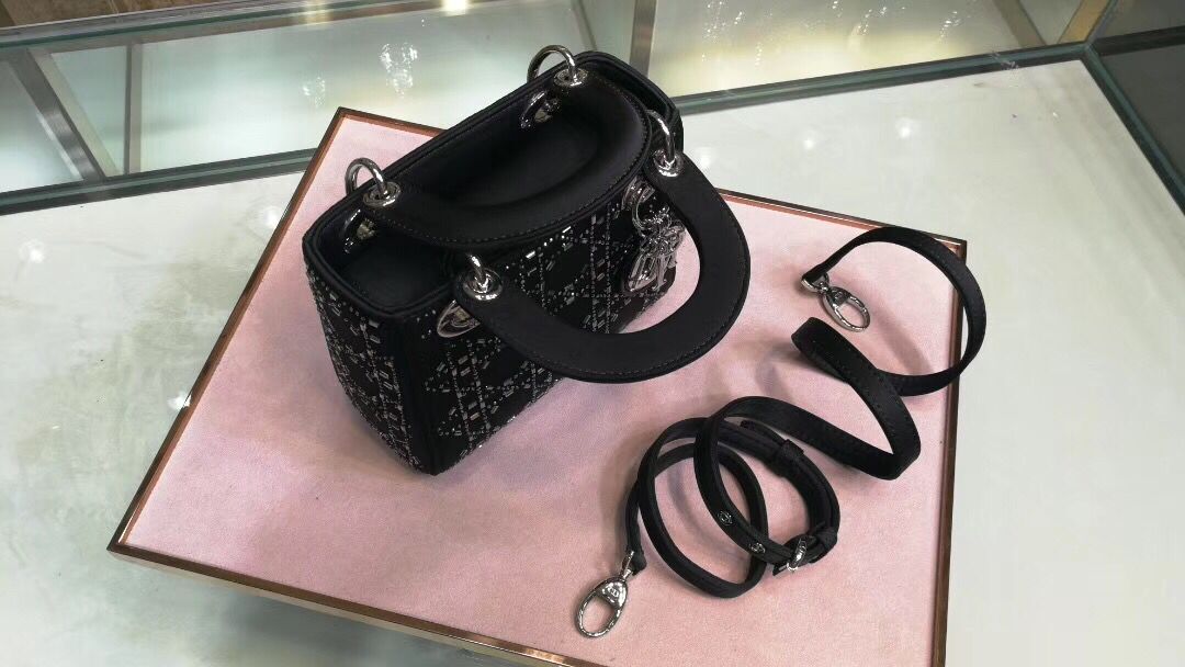 Dior Lady Original Silk Satin-Encrusted Satchel Bag 2369 Black