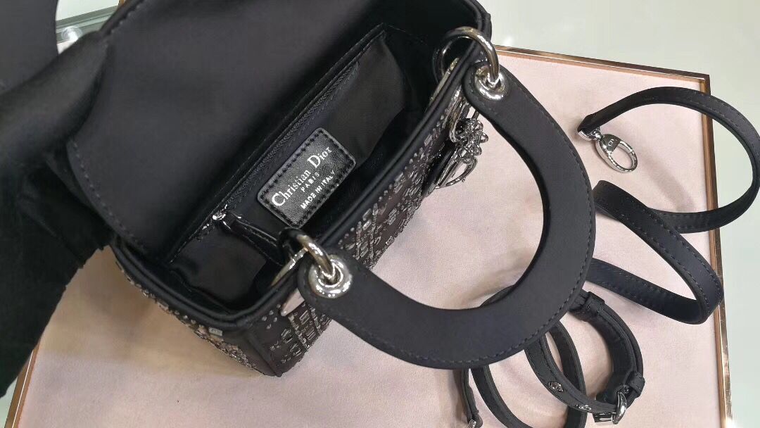 Dior Lady Original Silk Satin-Encrusted Satchel Bag 2369 Black