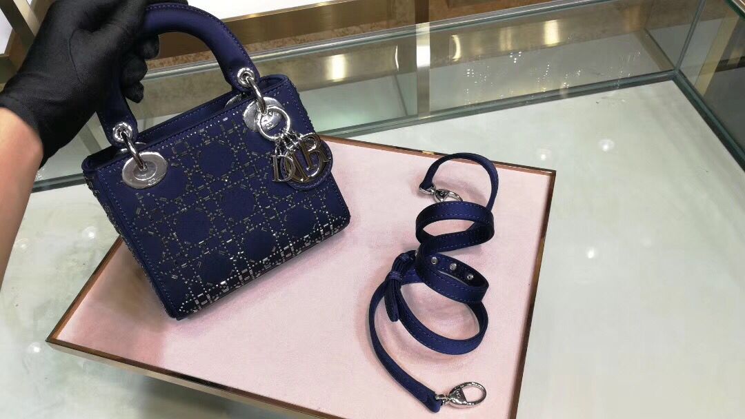 Dior Lady Original Silk Satin-Encrusted Satchel Bag 2369 Navy