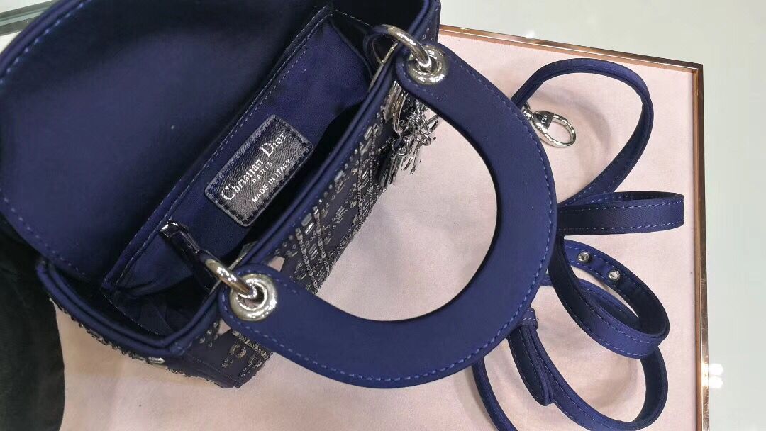 Dior Lady Original Silk Satin-Encrusted Satchel Bag 2369 Navy