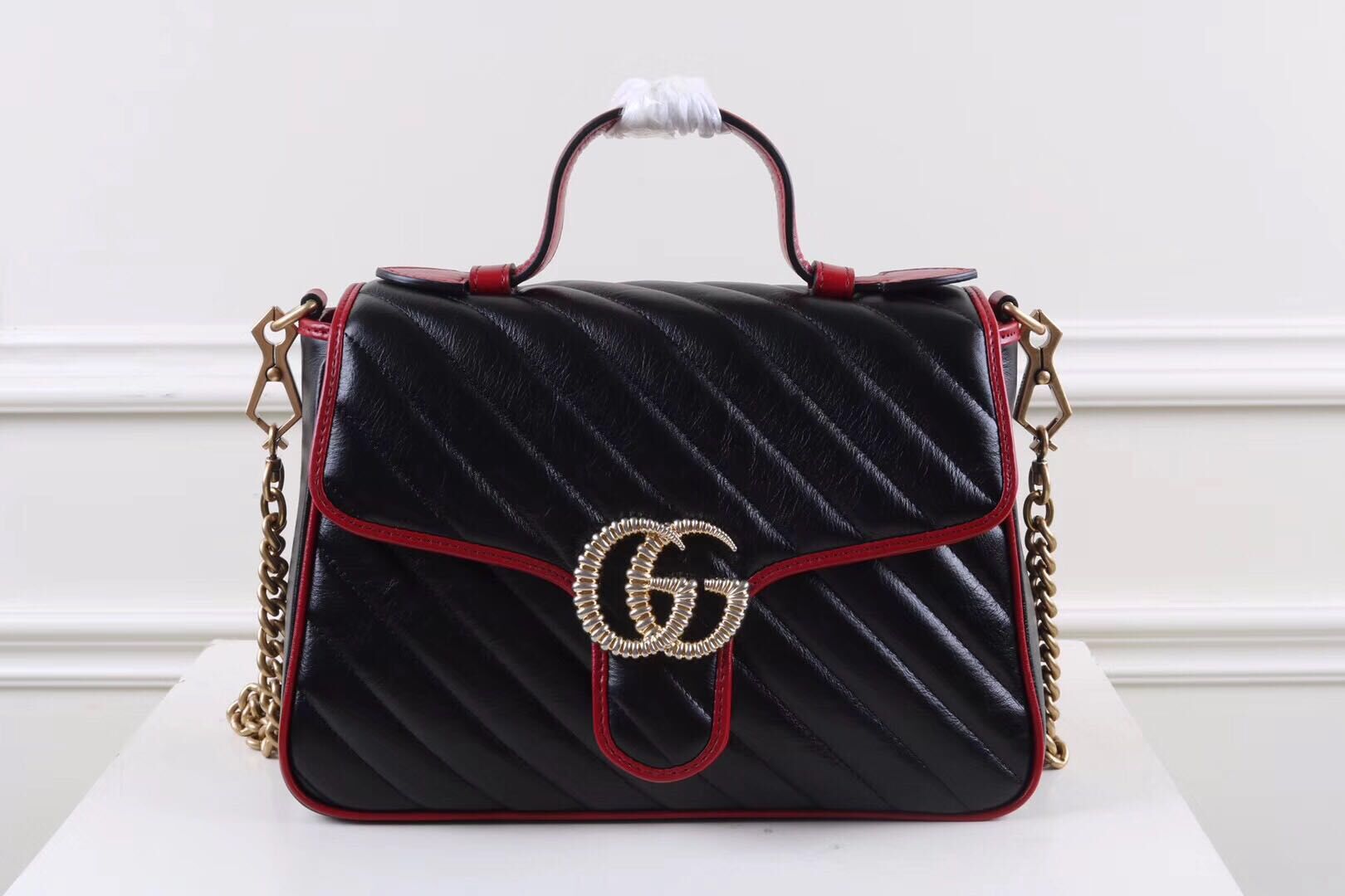 Gucci GG Marmont Mini Top Handle Bag 547260 Black&Wine