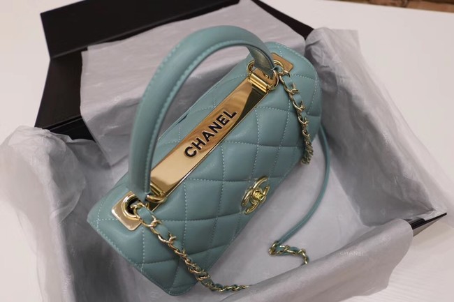 Chanel CC original lambskin top handle flap bag 92236 green&Gold-Tone Metal