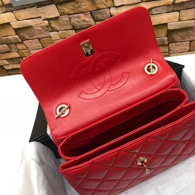 Chanel CC original lambskin top handle flap bag 92236 red&Gold-Tone Metal