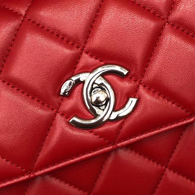 Chanel CC original lambskin top handle flap bag 92236 red&silver-Tone Metal