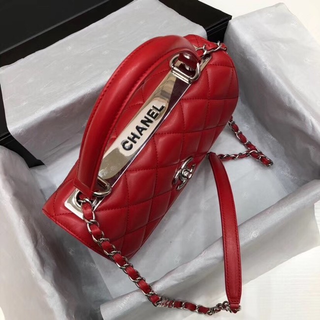 Chanel CC original lambskin top handle flap bag 92236 red&silver-Tone Metal