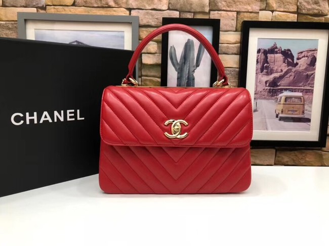 Chanel CC original lambskin top handle flap bag V92236 red&Gold-Tone Metal