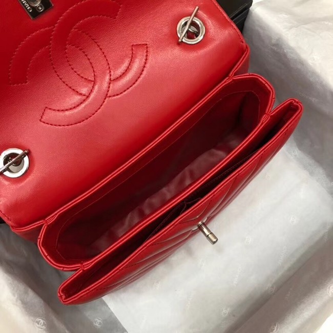 Chanel CC original lambskin top handle flap bag V92236 red&silver-Tone Metal