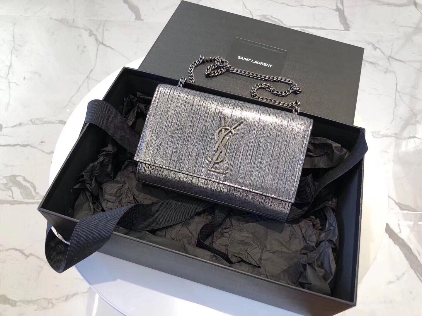 SAINT LAURENT Kate Silver Wire croc-embossed Shoulder Bag 474366 Silver