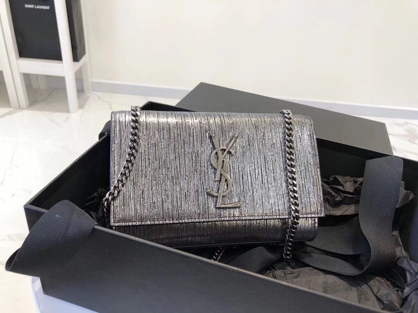 SAINT LAURENT Kate Silver Wire croc-embossed Shoulder Bag 474366 Silver