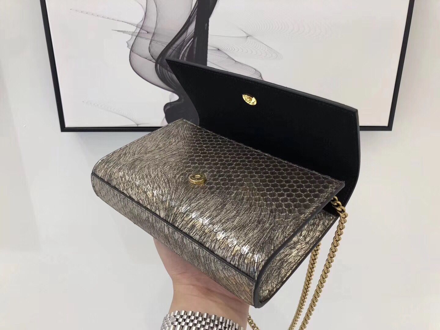 SAINT LAURENT Kate Snake Leather croc-embossed Shoulder Bag 474366 Gold