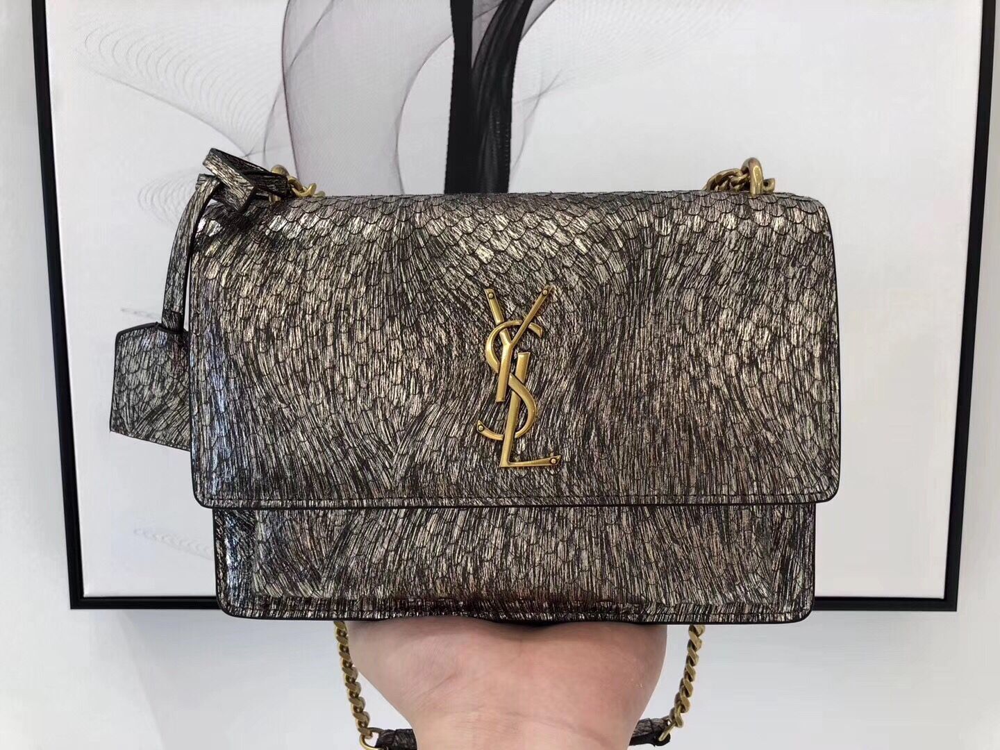 SAINT LAURENT Monogram Sunset medium Snake Leather cross-body Bag 442906 Gold