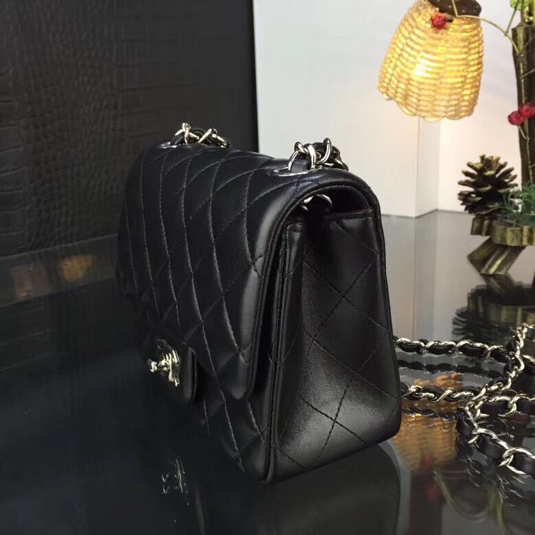Chanel Classic MINI Flap Bag Original Sheepskin Leather A1115 Black Sliver Chain