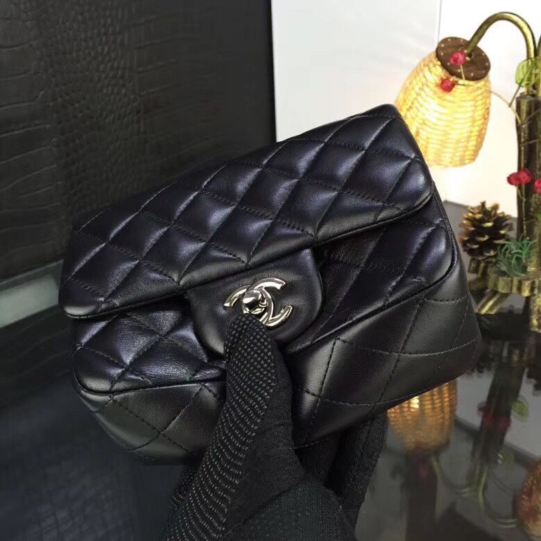 Chanel Classic MINI Flap Bag Original Sheepskin Leather A1115 Black Sliver Chain