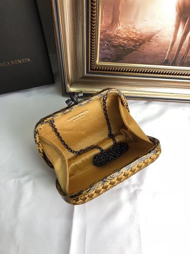 BOTTEGA VENETA Knot snakeskin-trimmed satin clutch 62548 Bronze