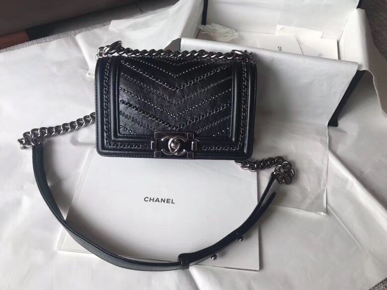 CHANEL BOY Crumpled Calfskin Original Leather Black Bag A67085 Silver