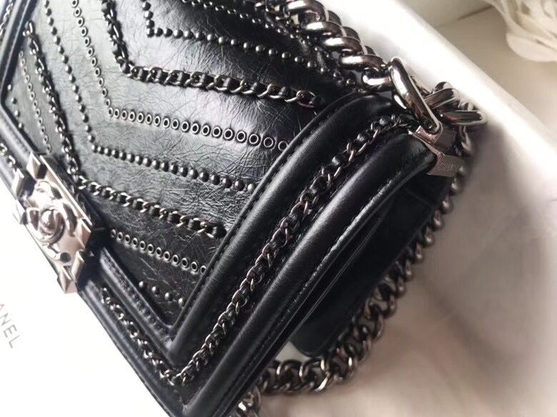 CHANEL BOY Crumpled Calfskin Original Leather Black Bag A67085 Silver