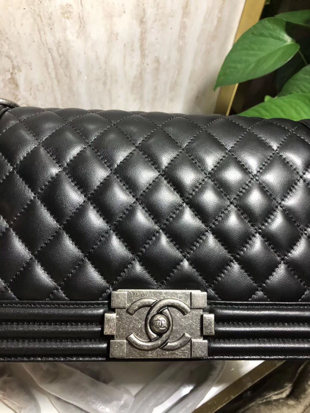 Chanel Boy Flap Original Sheepskin Leather Shoulder Black Bag A67086 Silver