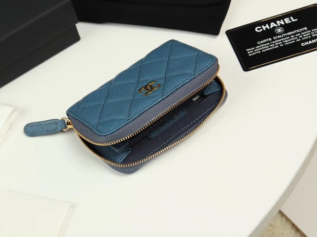 Chanel classic card holder Grained Calfskin & Gold-Tone Metal A69271 Blue