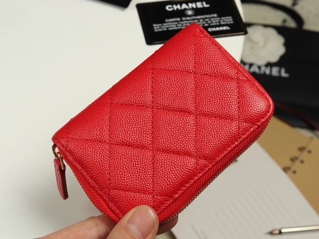 Chanel classic card holder Grained Calfskin & Gold-Tone Metal A69271 red