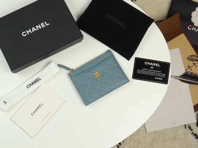 Chanel classic card holder Grained Calfskin & Gold-Tone Metal A84105 sky blue