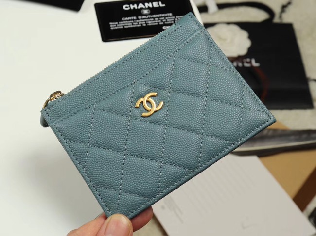 Chanel classic card holder Grained Calfskin & Gold-Tone Metal A84105 sky blue