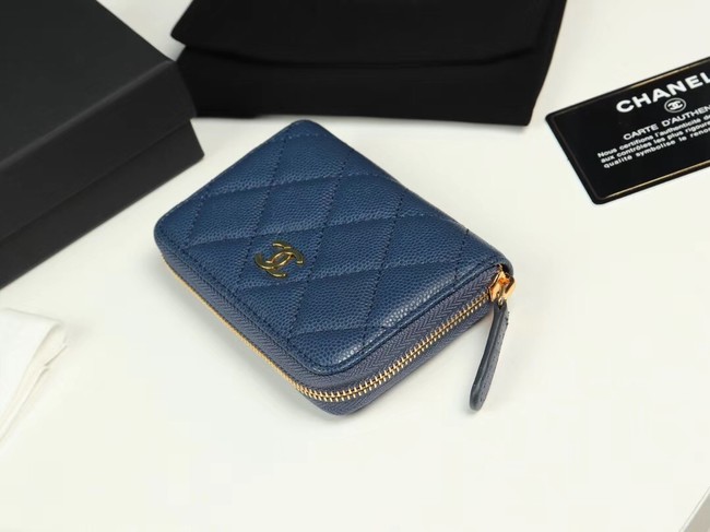 Chanel classic card holder Grained Calfskin & Gold-Tone Metal A69271 dark Blue