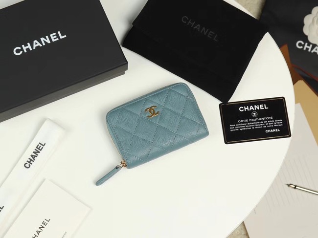 Chanel classic card holder Grained Calfskin & Gold-Tone Metal A69271 light Blue