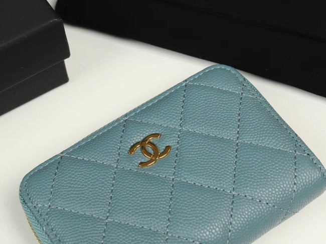 Chanel classic card holder Grained Calfskin & Gold-Tone Metal A69271 light Blue