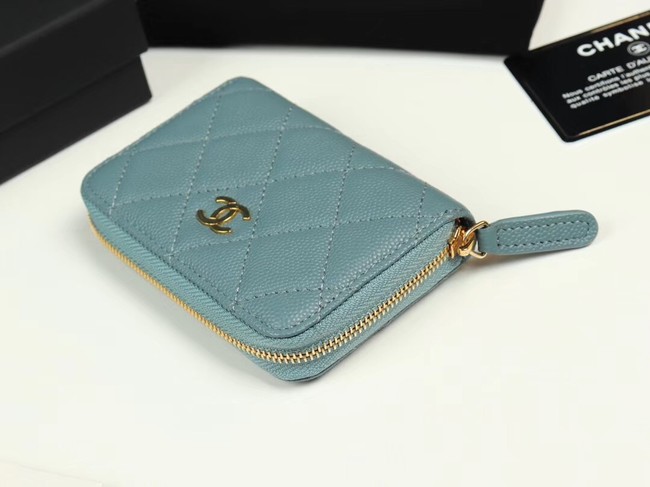 Chanel classic card holder Grained Calfskin & Gold-Tone Metal A69271 light Blue