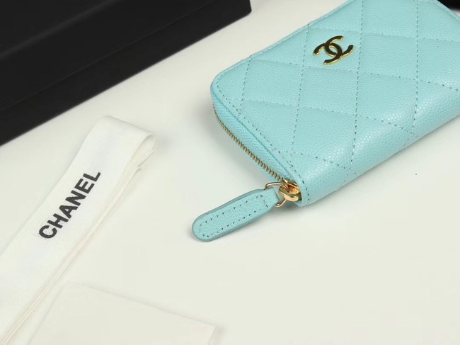 Chanel classic card holder Grained Calfskin & Gold-Tone Metal A69271 sky Blue