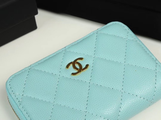 Chanel classic card holder Grained Calfskin & Gold-Tone Metal A69271 sky Blue