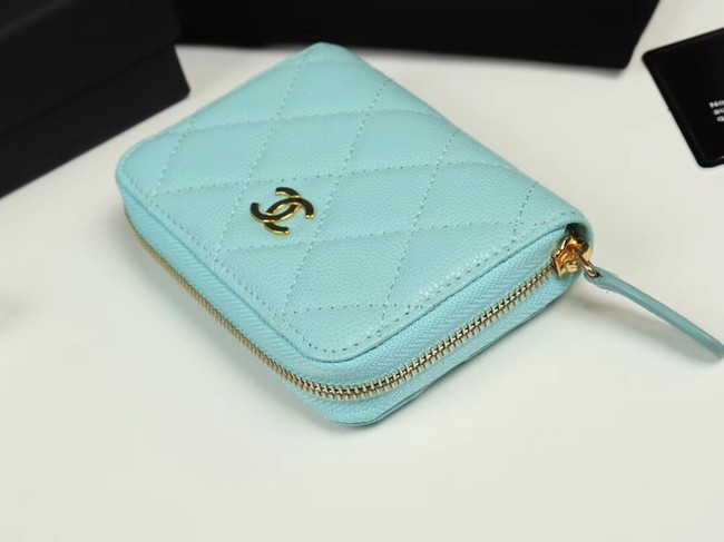Chanel classic card holder Grained Calfskin & Gold-Tone Metal A69271 sky Blue
