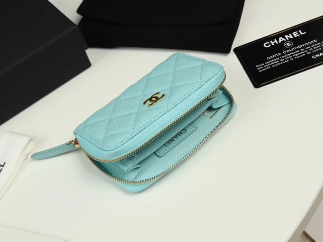 Chanel classic card holder Grained Calfskin & Gold-Tone Metal A69271 sky Blue