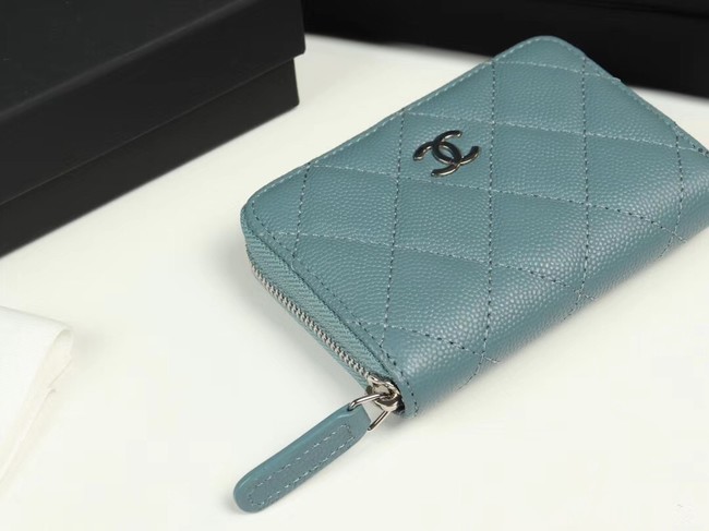 Chanel classic card holder Grained Calfskin & silver-Tone Metal A69271 light Blue