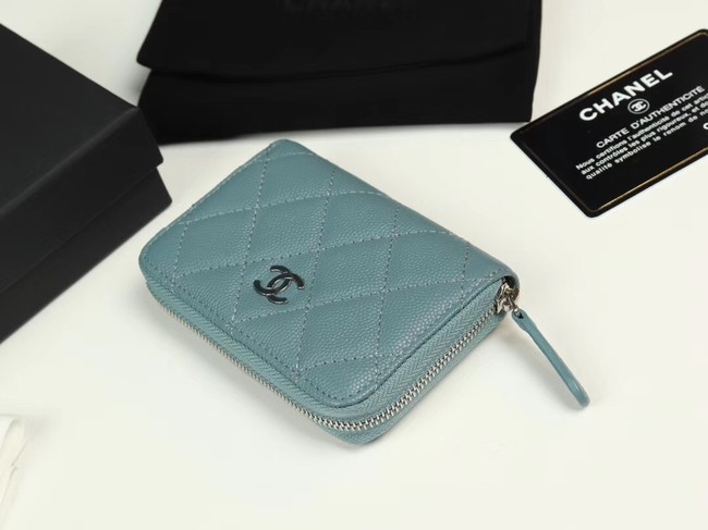 Chanel classic card holder Grained Calfskin & silver-Tone Metal A69271 light Blue