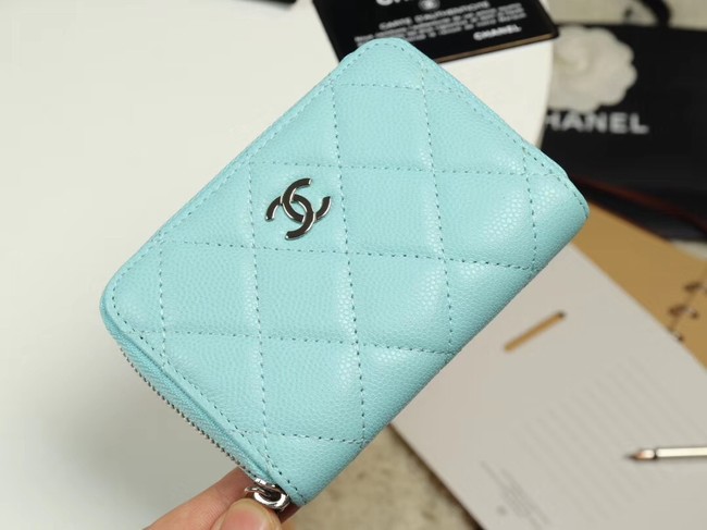 Chanel classic card holder Grained Calfskin & silver-Tone Metal A69271 sky Blue