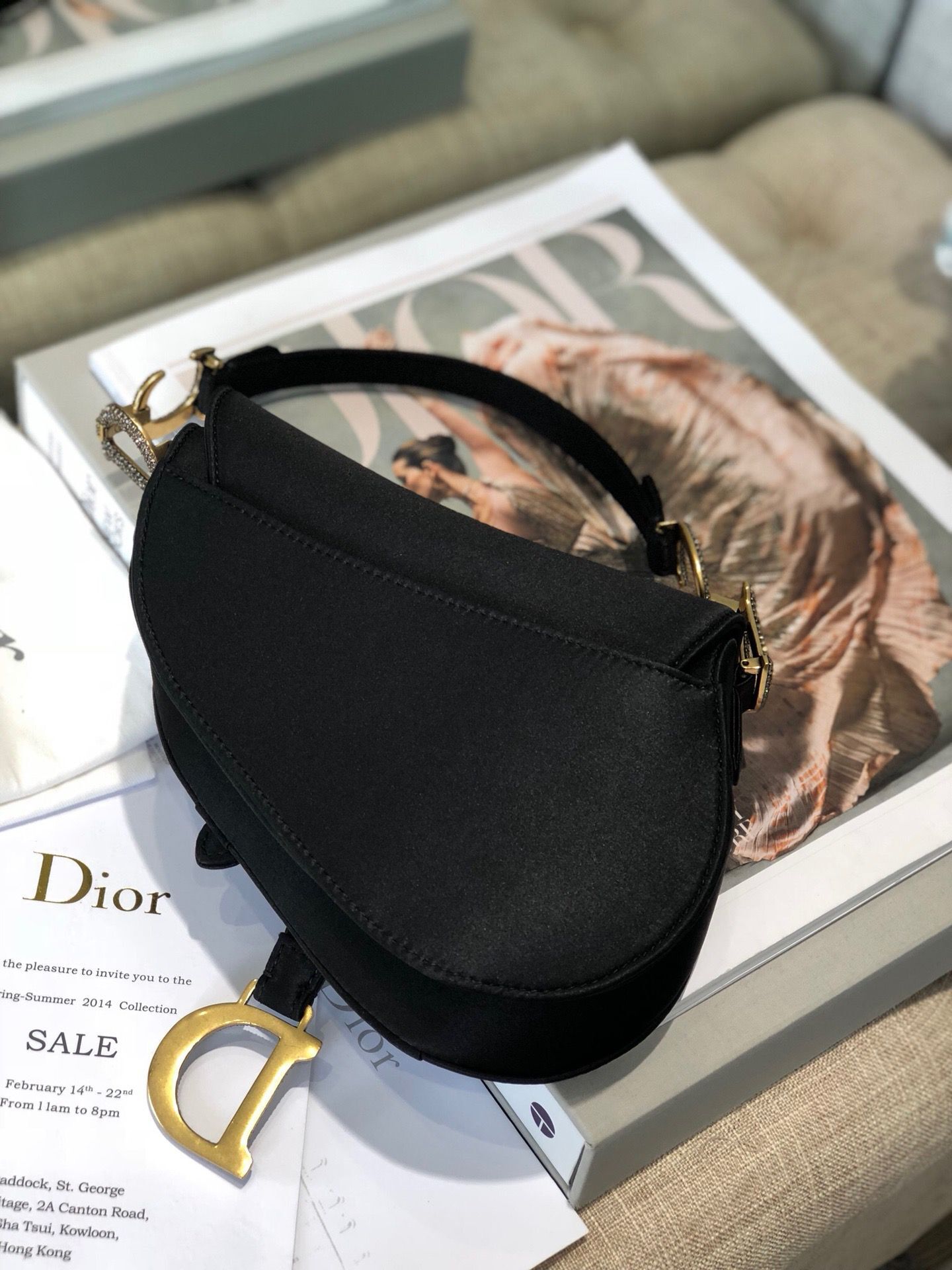 Dior Mini Saddle Satin Crystal Bag M0447 Black