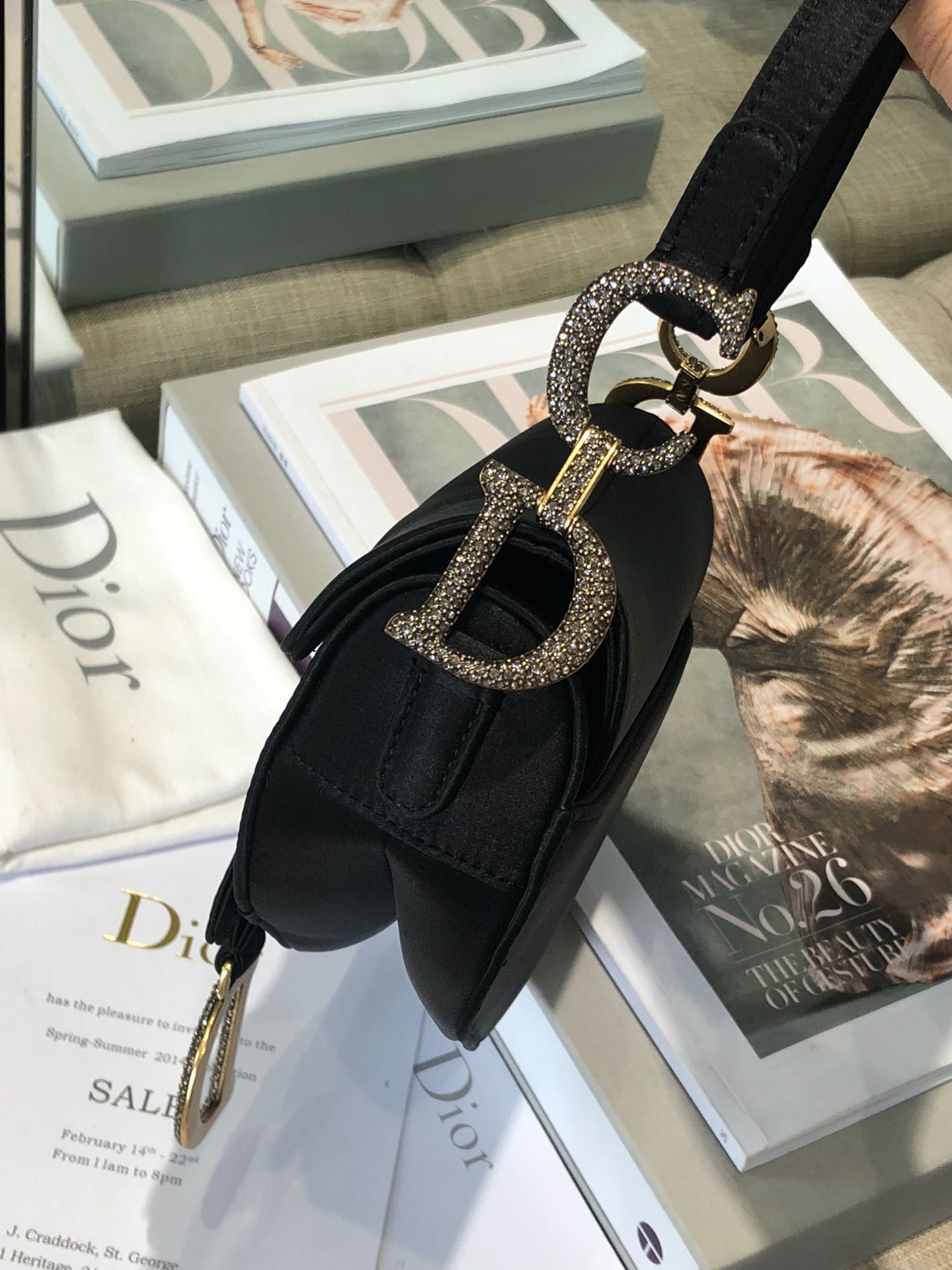 Dior Mini Saddle Satin Crystal Bag M0447 Black