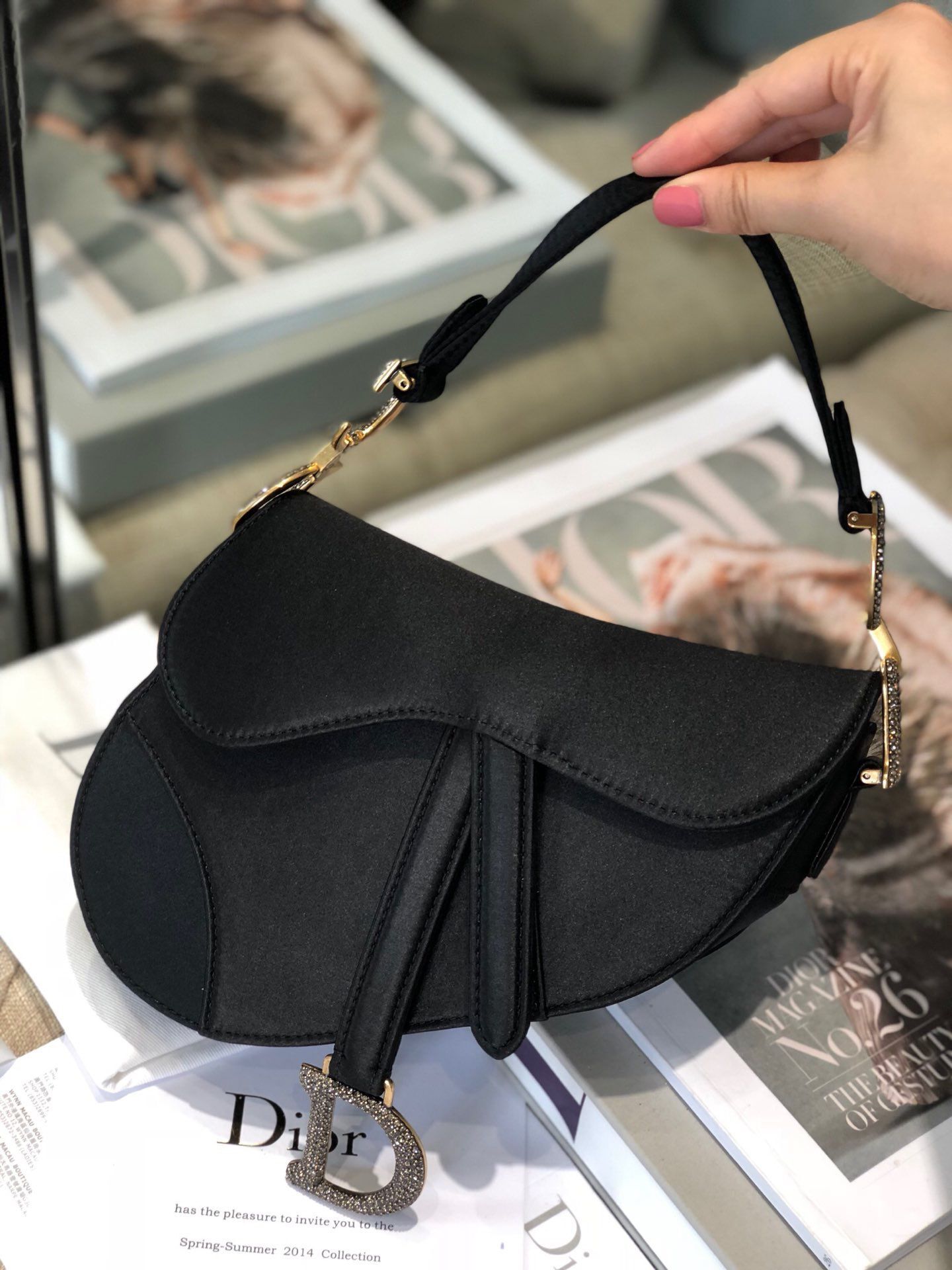 Dior Mini Saddle Satin Crystal Bag M0447 Black