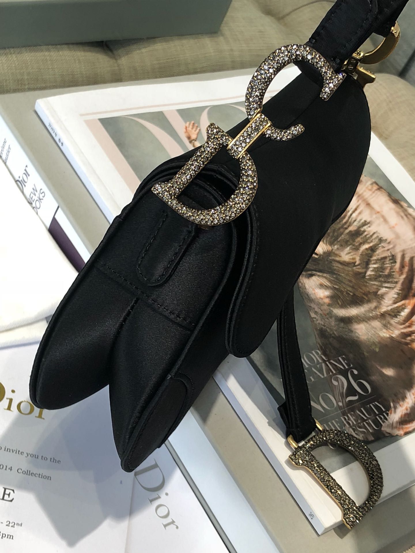 Dior Mini Saddle Satin Crystal Bag M0447 Black