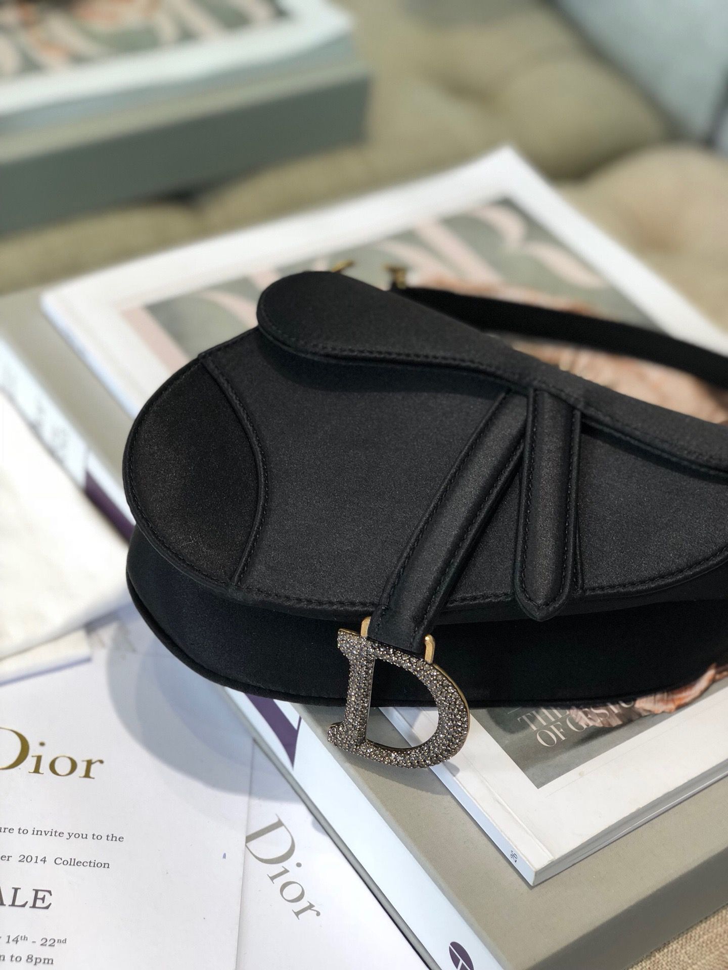 Dior Mini Saddle Satin Crystal Bag M0447 Black