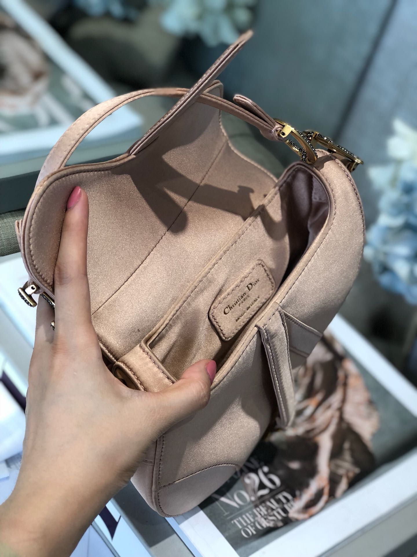 Dior Mini Saddle Satin Crystal Bag M0447 Champagne