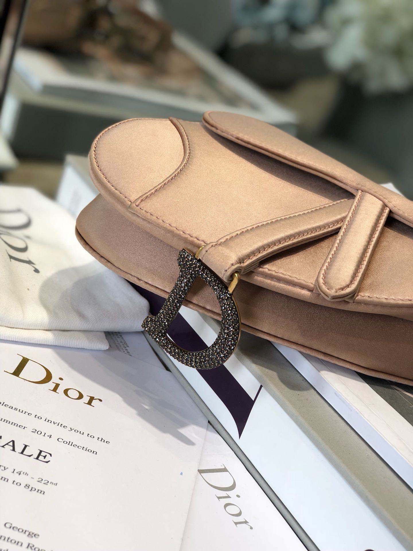 Dior Mini Saddle Satin Crystal Bag M0447 Champagne