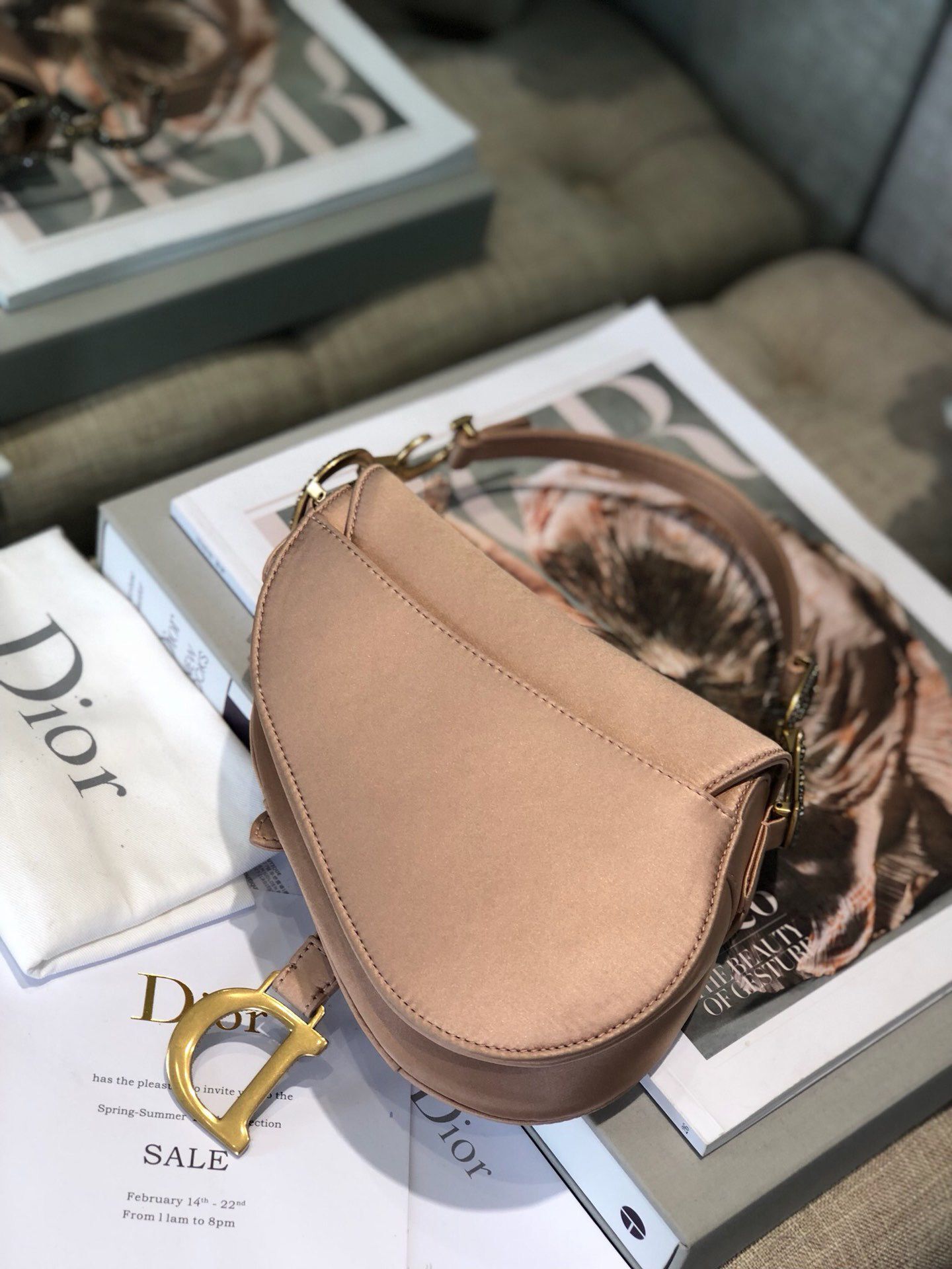 Dior Mini Saddle Satin Crystal Bag M0447 Champagne