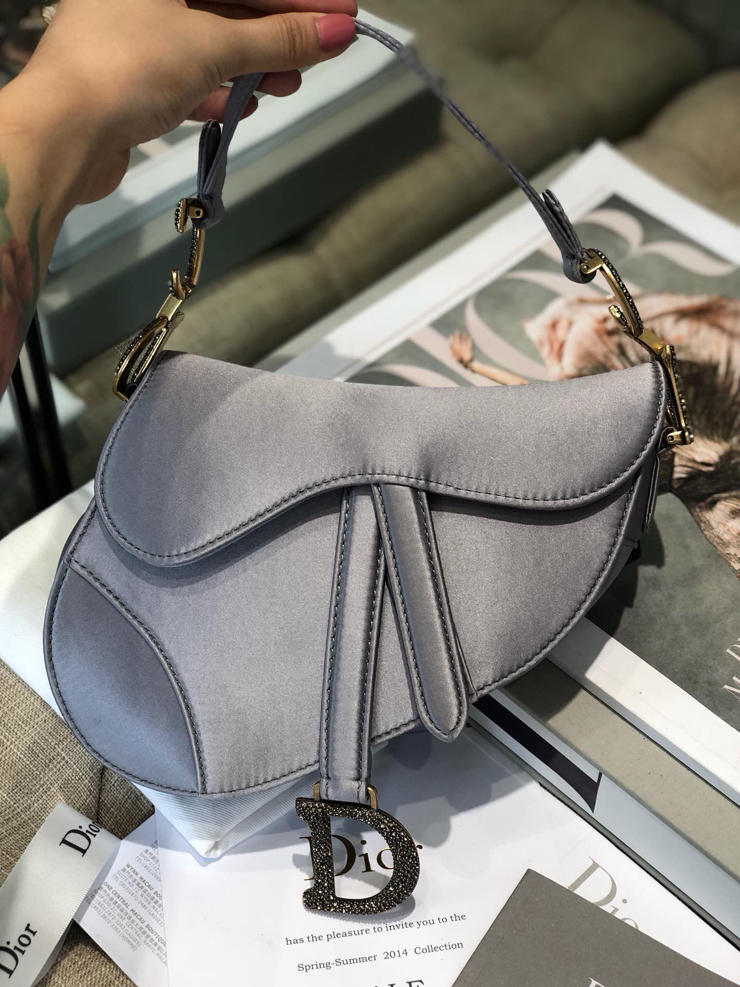 Dior Mini Saddle Satin Crystal Bag M0447 Gray