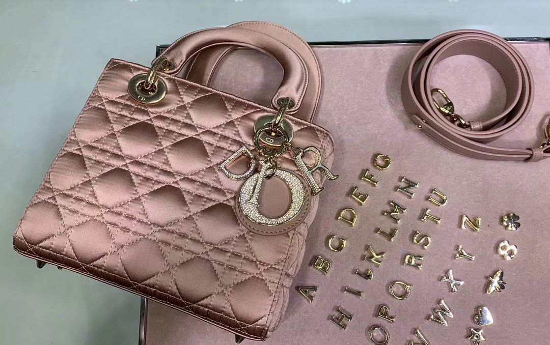 Dior Lady Original Silk Pink Bag 2369 Diamond Gold 